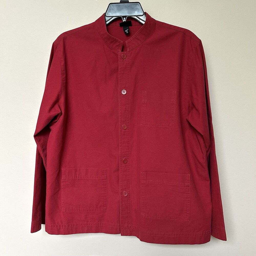 VTG Eileen Fisher Top LgP  Button Up Red Basic Cotton Minimalist Boxy Natural